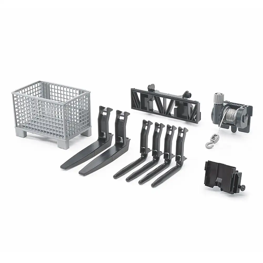 bruder - accesorii - cutie tip palet, troliu si furci pentru incarcator