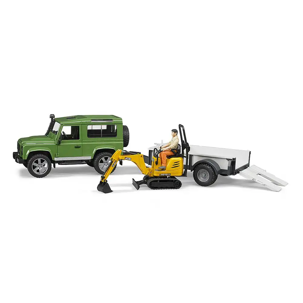 Bruder - Masina De Teren Land Rover Defender Cu Remorca Si Micro Excavator Jcb Cu Muncitor