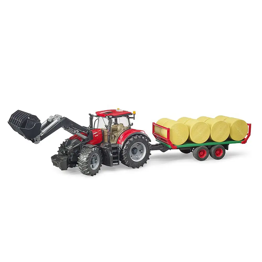 bruder - tractor case ih optum 300 cvx cu incarcator frontal si remorca transport cu 8 baloti