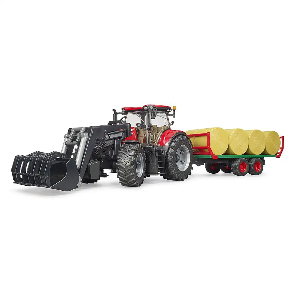 bruder - tractor case ih optum 300 cvx cu incarcator frontal si remorca transport cu 8 baloti